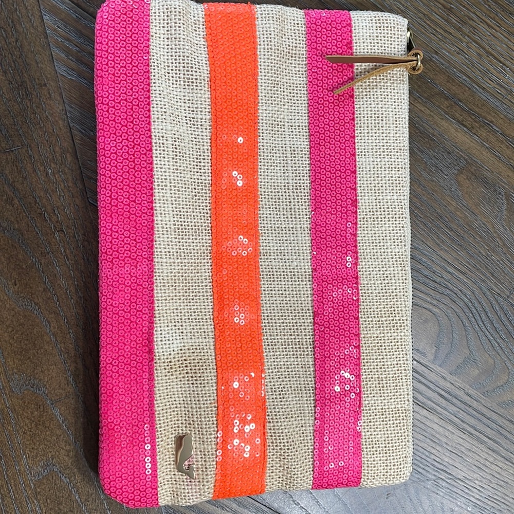 Vineyard Vines Pink and Orange Striped Sequin Wristlet